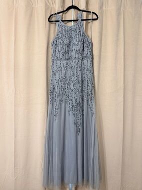 MARINA Light Blue Sequin Halter Maxi Dress